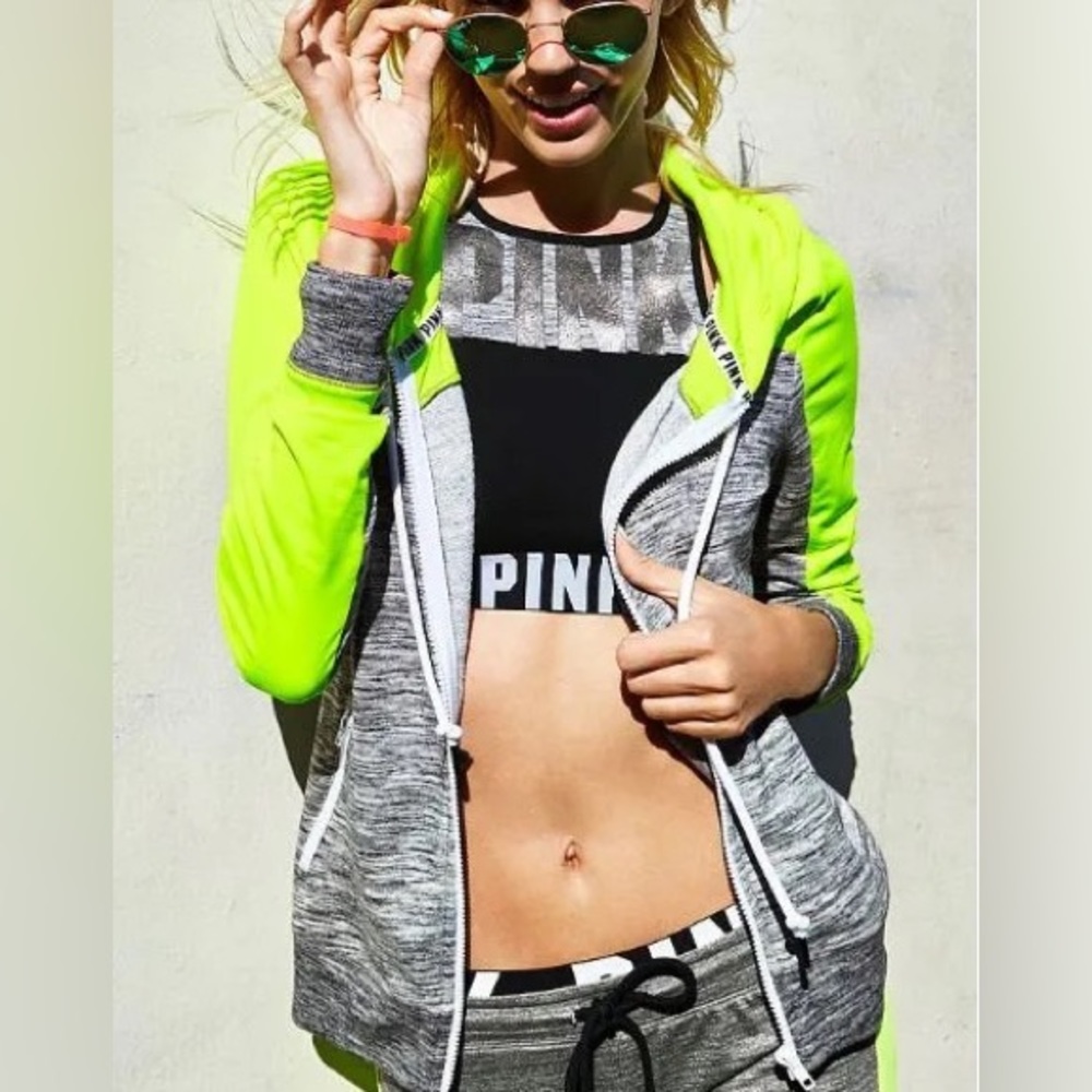 Victoria’s Secret Pink Ultimate Zip Hoodie Gray Heather Yellow Neon Size…